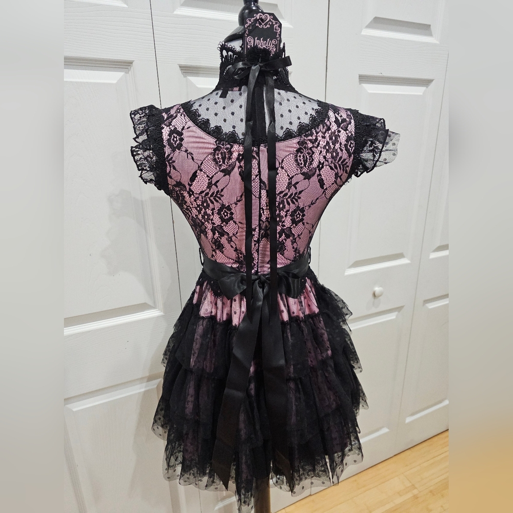Dolls Kill Unholy Goth Rehearsal Party Pink Black Tiered Lace Mini Dress XS - Picture 9 of 9